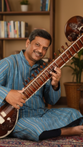 Pandit Nishindra Kinjalk performing sitar at home